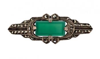 Stříbrná Art Deco brož s chryzoprasem Stříbrná Art Deco brož s chryzoprasem